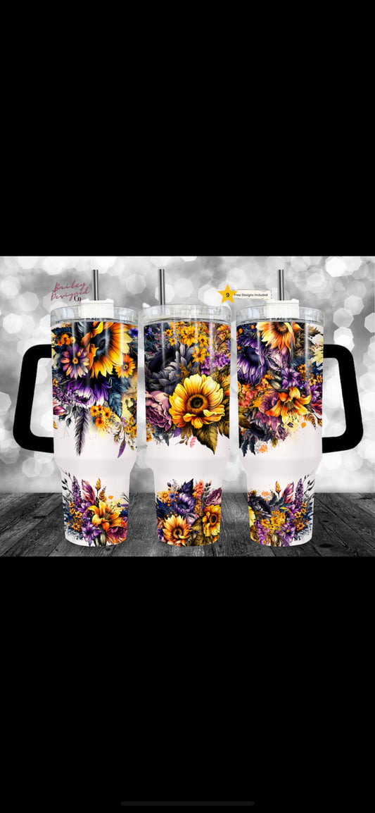 40oz “purple flowers” quencher handled tumbler