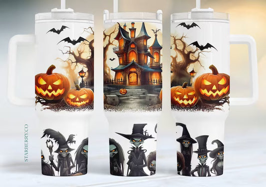 40oz “haunted house” quencher handled tumbler