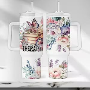 40oz “reading is my therapy” style 2 quencher handled tumbler