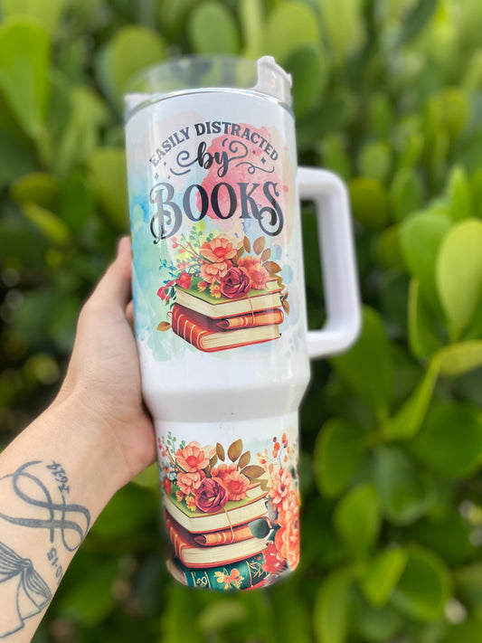 40oz “easily distracted by books” quencher handled tumbler